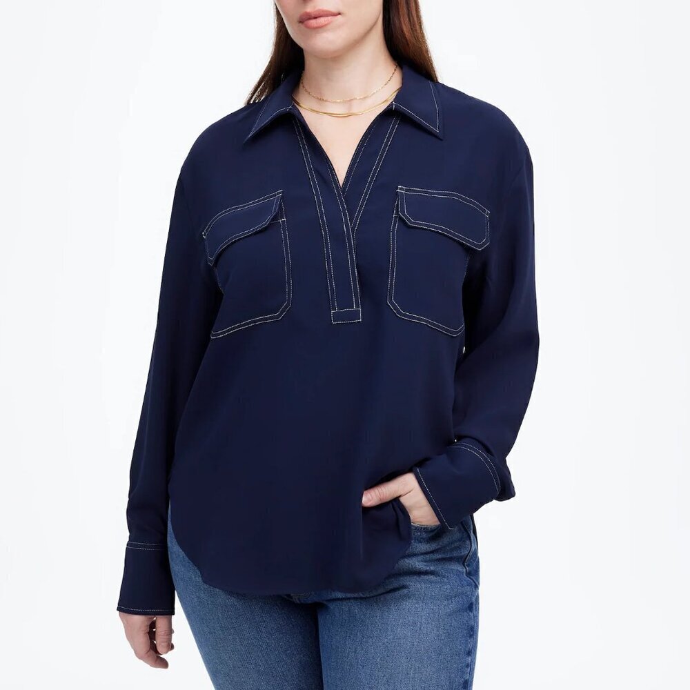 Madewell Contrast Stitch Crepe Popover Shirt Dark Indigo Size S NWT